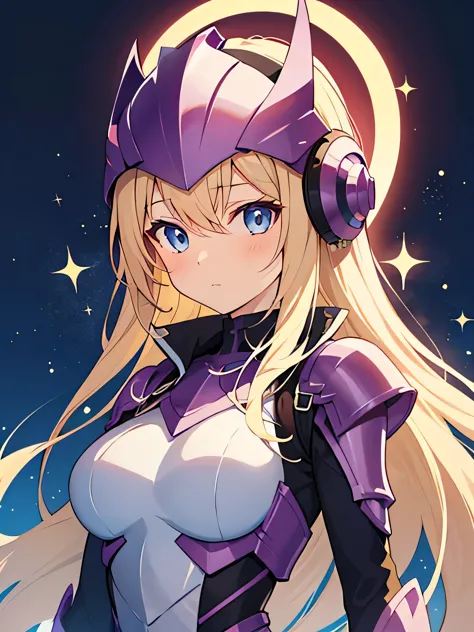 anime girl, purple superhero armor, helmet, spiritual, blue eyes