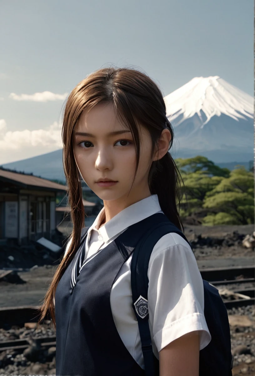 Dystopian style, sidelight,slender,shiny make-up,sweat,blurry background,rim_light,frontlight,22yo,
rio,(school_uniform:1.2),
the background is mount fuji,summer,full_shot,, Bleak, post-apocalyptic, somber, dramatic, highly detailed, (close up:1.2)