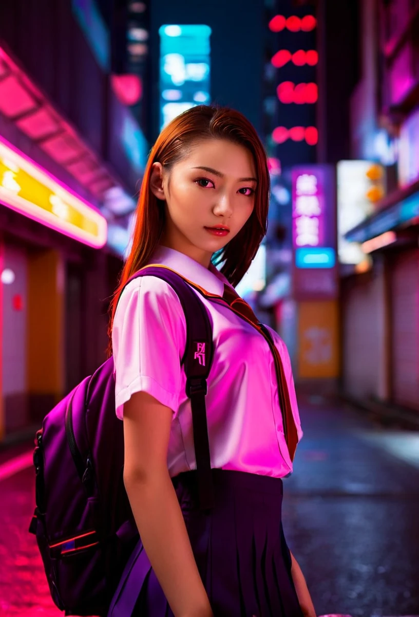 cyberpunk cityscape, sidelight,slender,shiny make-up,sweat,blurry background,rim_light,frontlight,22yo,
rio,(school_uniform:1.2),
the background is mount fuji,summer,full_shot,, neon lights, dark alleys, skyscrapers, futuristic, vibrant colors, high contrast, highly detailed