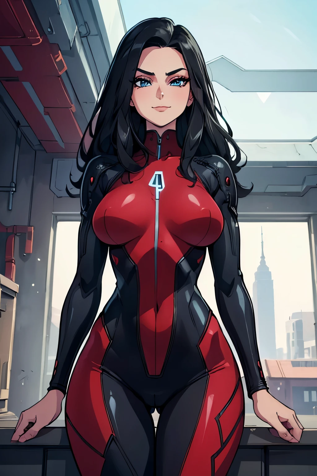 (work of art, Best quality, absurd, 4K, aesthetics, perfect eyes, perfect face, detailed, intricate, Perfect Lighting) 1 girl with fair skin, long dark hair, wears a futuristic red and black bodysuit, heroine, queen of an alien race, warrior, gentle smile, perfect body