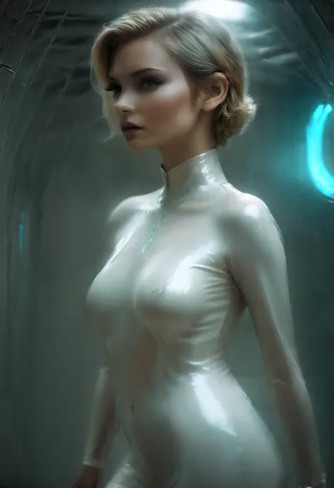 big tit woman, naked, wearing ,nightgown, in a futuristic room, touching her genitals