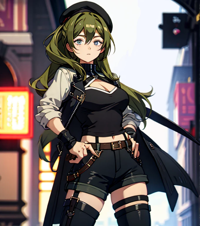 ubel,dark green hair,long hair,side ponytail,hair between eyes,bangs, BREAK (beret, black jacket, open clothes, cleavage, midriff, black shorts, black thighhighs, thigh strap, fingerless gloves, single glove:1.2) BREAK blurry background, BREAK pose, hand on hip, BREAK (masterpiece:1.2), best quality, high resolution, unity 8k wallpaper, (illustration:0.8), (beautiful detailed eyes:1.6), extremely detailed face, perfect lighting, extremely detailed CG, (perfect hands, perfect anatomy),