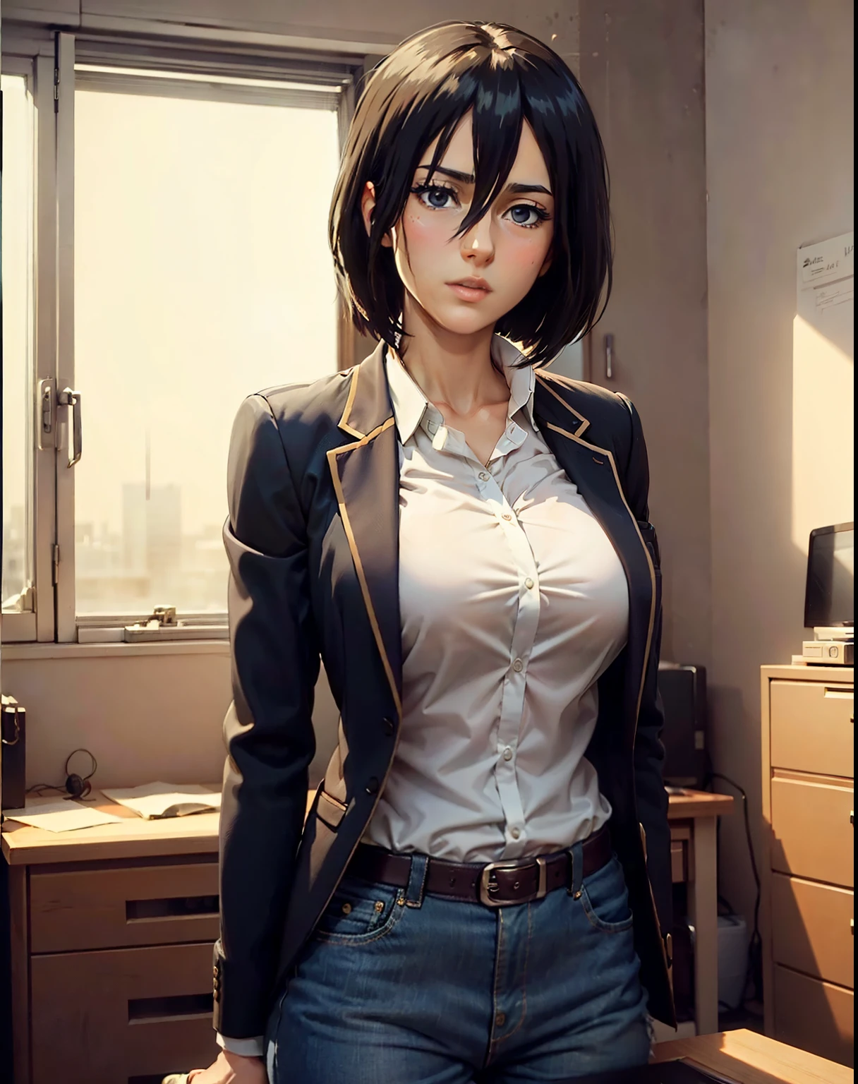 (masterpiece), best quality, expressive eyes, perfect face, solo Mikasa Ackerman in office room in office uniform from Attack on Titan 30 year old women seductive body big breasts big thigs facing towards screen  parted lips  feminine figure body in office uniform (BLAZER AND FORMAL JEANS 1:1)beautiful expressive eyes ,  4k backlighting smirky face full shot, full body shot ,