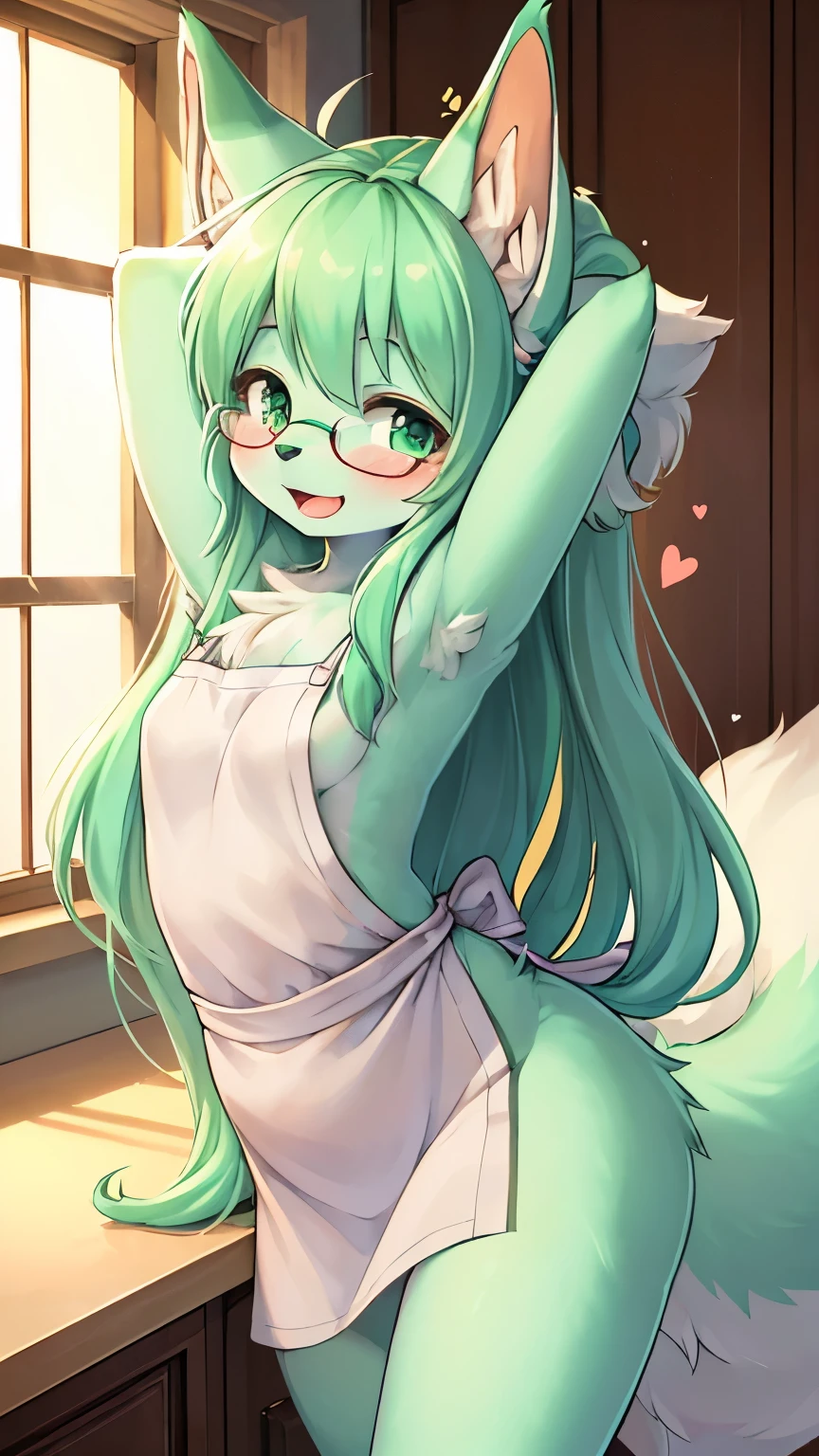 best quality,best resolution,(fluffy anthro furry :1.6),(young :1.6),mint fox girl,mint long hair,wavy hair,messy hair,mint fox ears,mint body fur,small breasts,glasses,naked apron,beautiful kitchen,romantic light,looking at viewer,shy face,open mouth, smile,sexy pose,heart eyes,heart expression eyes,armpits fur