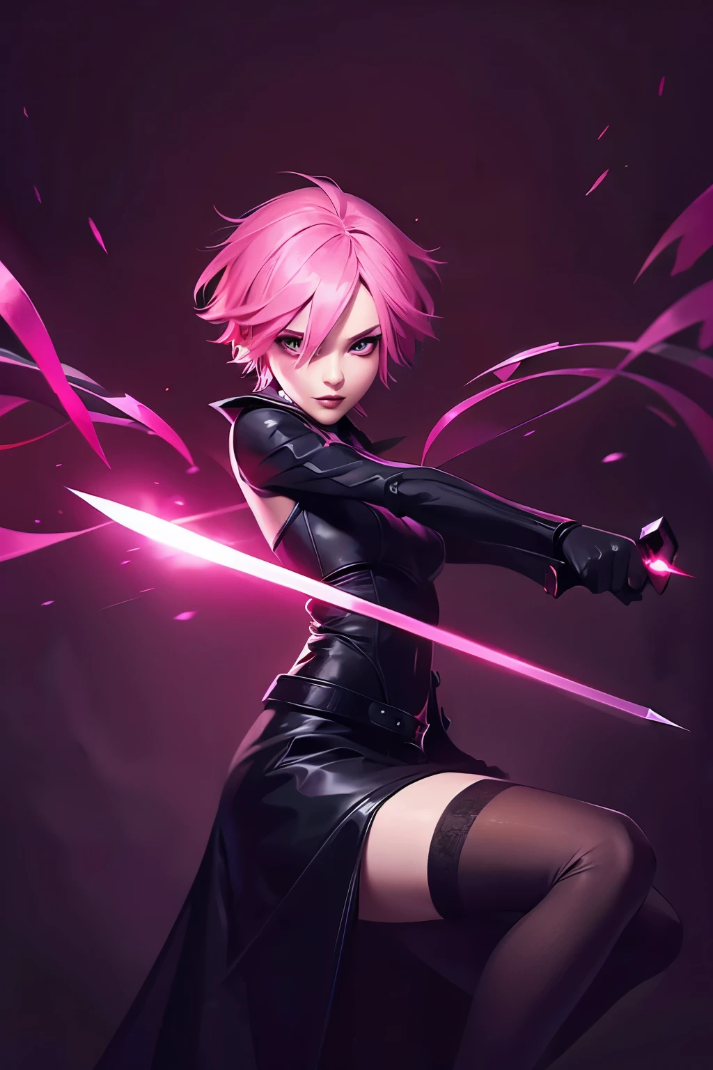 Woman with pink hair, short hair, big eyes, black clothes, clothes covering her entire body, agile, holding two luminescent red daggers.