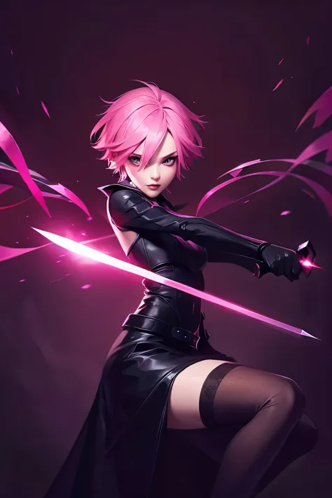 Woman with pink hair, short hair, big eyes, black clothes, clothes covering her entire body, agile, holding two luminescent red ...