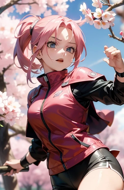 ultra high offfinition, "haruno sakura", off:"Naruto series", , flor off cerejeira, olhos veroffs, pink  hair, pose off luta, combat face,