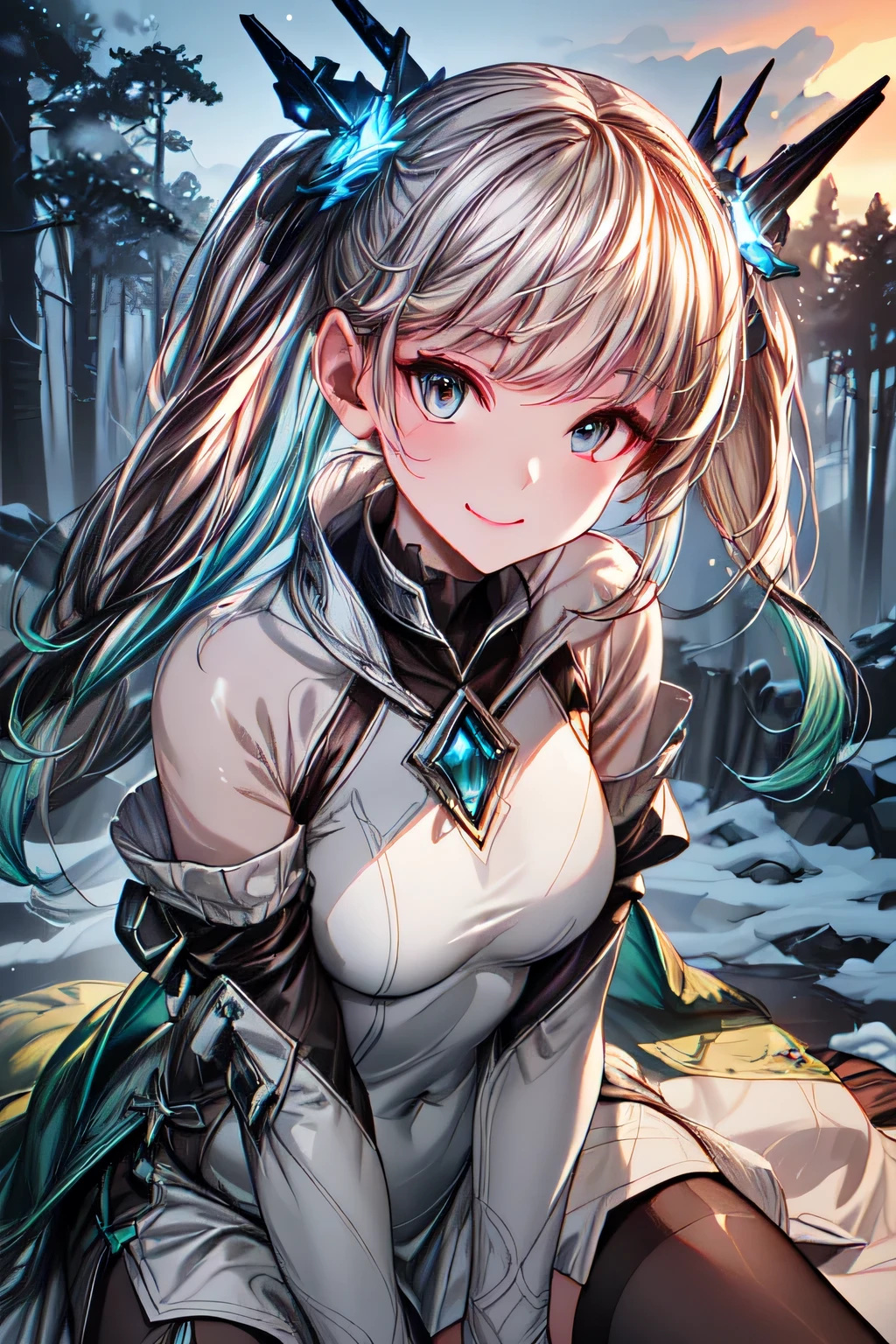 ioeuclase, hair ornament, white dress, black thighhighs, detached sleeves, sitting wariza,grass,sky,smile, wariza,grass,sky,smile, intricate eyes,beautiful detailed eyes,symmetrical eyes,big eyes:1.5, cowboy shot, seductive eyes, sitting, ,intricate eyes,beautiful detailed eyes,symmetrical eyes,big eyes:1.5,(((lustrous skin:1.5,bright skin: 1.5,skin tanned,shiny skin,very shiny skin,shiny body,plastic glitter skin,exaggerated shiny skin,illuminated skin))),(detailed body,(detailed face)), cute, erotic,daring, (((medieval armor,adventurer man armor,winter coat))),(((intricate outfit,intricate clothes, embroidered outfit,ornate outfit,embroidered clothes,ornate armor))), (dynamic pose:1.0),(centered,scale to fit dimensions,Rule of thirds), ((snowy pine forest at night)), with dark stormy clouds,winter,scenery:1.25,((snow forest background)),Christmas tree, highres,sharp focus,(ultra detailed,extremely detailed),(photorealistic artwork:1.37),(extremely detailed CG unity 8k wallpaper),(((vibrant colors,vibrant theme))),(intricate),(masterpiece),(best quality), uniform, dress, pantyhose
