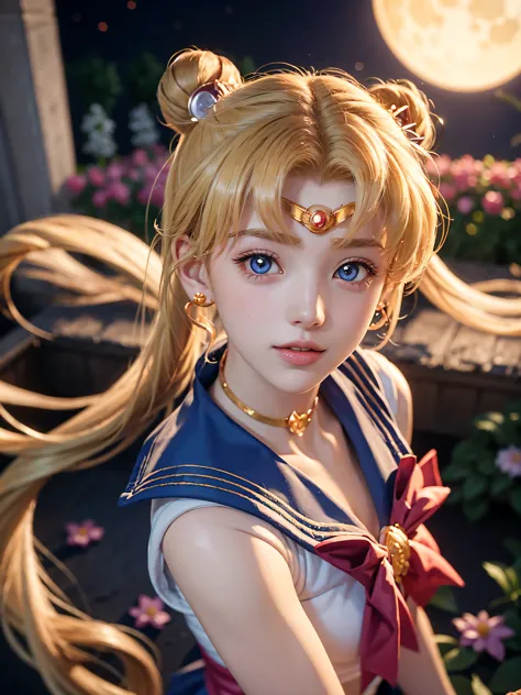 Portrait of Sailor Moon, blonde hair, against a wall full of flowers, bokeh, night sky with a moon, 1 girl, beautiful face, eyes...