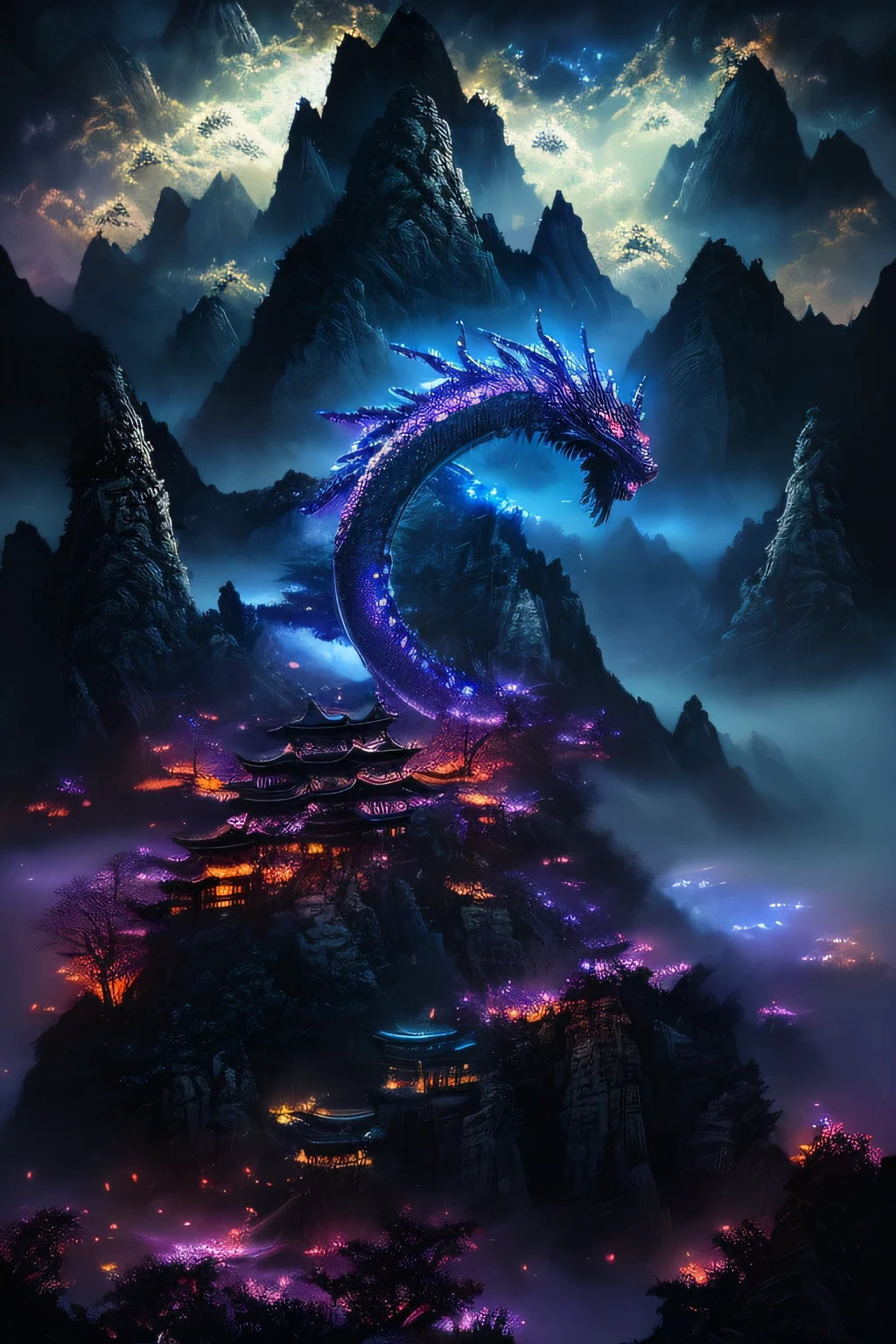 chinese dragon, majestic night, detailed scales, glowing eyes, swirling clouds, powerful presence, mystical aura, mystical artwork, traditional artistry, vivid colors, atmospheric lighting, ((night))