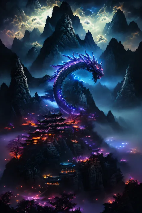 chinese dragon, majestic night, detailed scales, glowing eyes, swirling clouds, powerful presence, mystical aura, mystical artwo...