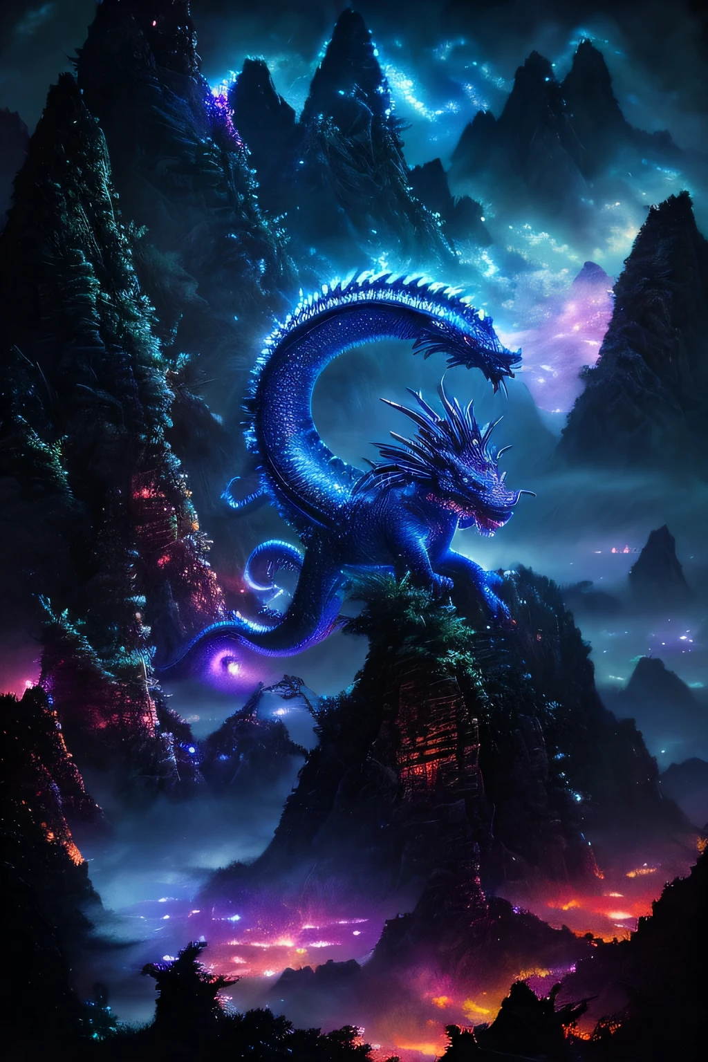 chinese dragon, majestic night, detailed scales, glowing eyes, swirling clouds, powerful presence, mystical aura, mystical artwork, traditional artistry, vivid colors, atmospheric lighting, ((night))