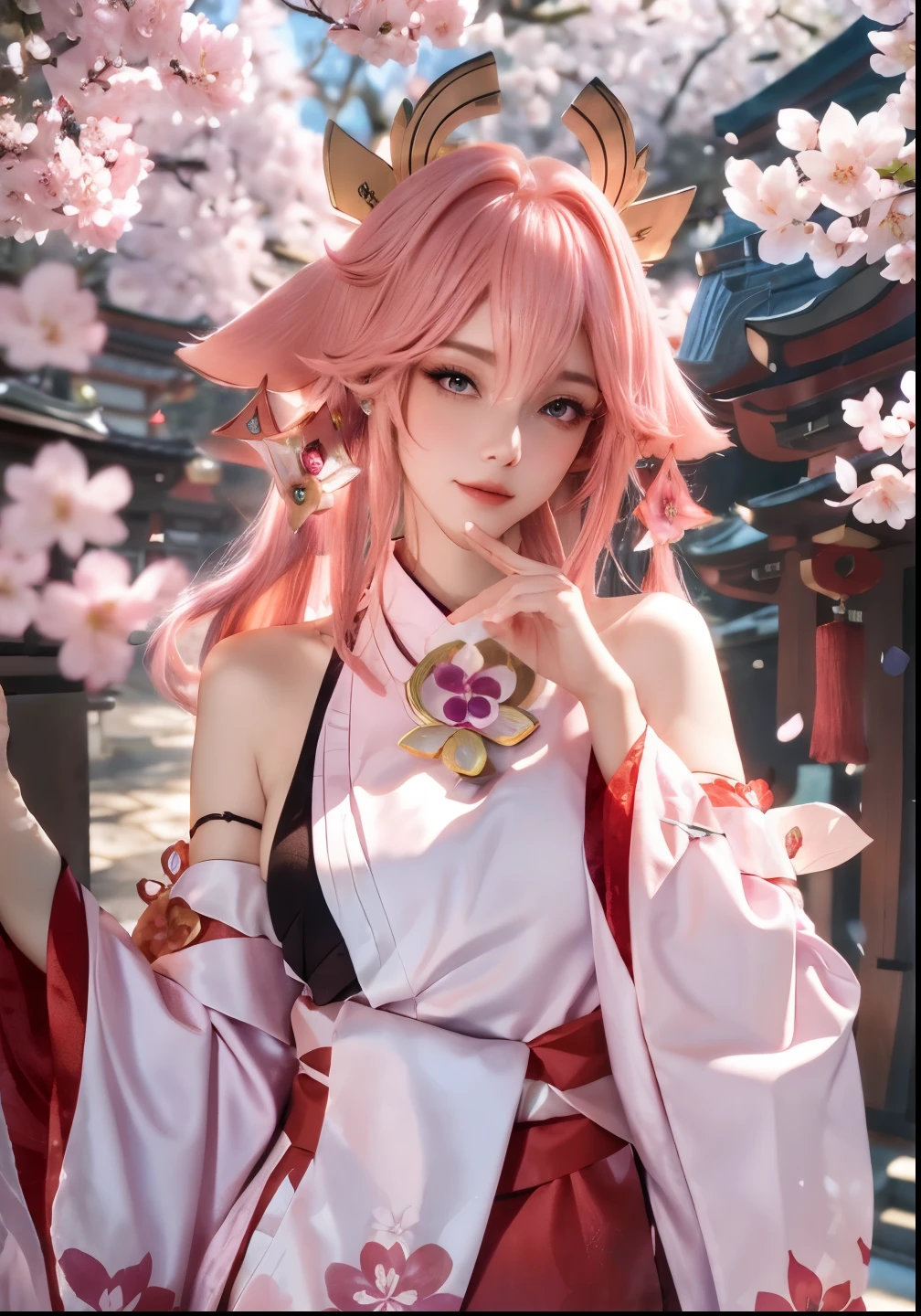 ((masterpiece, best quality)), (1girl),((mature female)), animal ears, bare shoulders, blush, breasts, cherry blossoms, closed mouth, detached sleeves, earrings, fingernails, flower, fox ears, gem, hair between eyes, hair ornament, hand up, japanese clothes, jewelry, kimono, long hair, looking at viewer, medium breasts, miko, nontraditional miko, pink eyes, pink flower, pink hair, purple gemstone, short kimono, sidelocks,standing, yea miko \(genshin impact\),