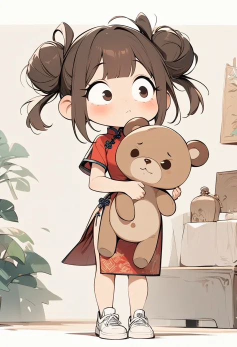 (masterpiece, best quality:1.2), cartoonish character design。1 girl holding a teddy bear, alone，big eyes，Cute expression，Two hair buns，cheongsam，white sneakers，stand，interesting，interesting，clean lines