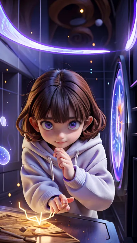 In the heart of the autism world a young autist girl with short brown hair, cute hoddie and purple outfit, discovering her world...