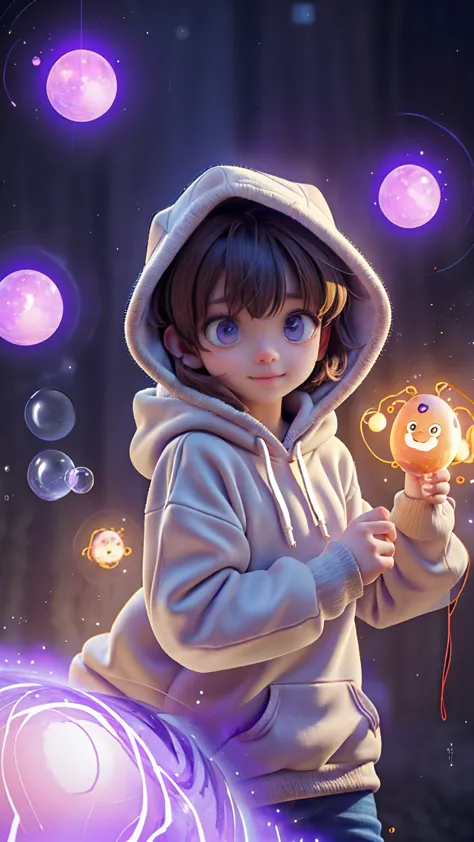 In the heart of the autism world a young autist girl with short brown hair, cute hoddie and purple outfit, discovering her world...