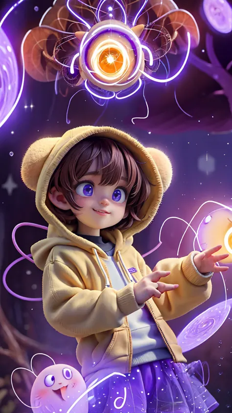 In the heart of the autism world a young autist girl with short brown hair, cute hoddie and purple outfit, discovering her world...
