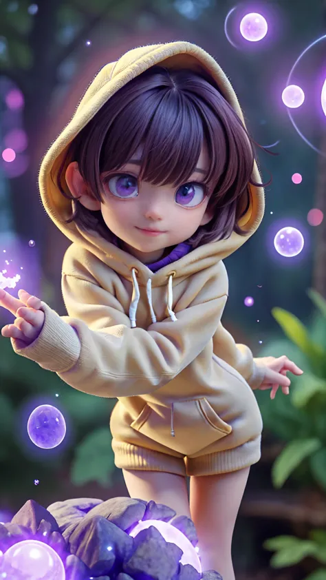 In the heart of the autism world a young autist girl with short brown hair, cute hoddie and purple outfit, discovering her world...
