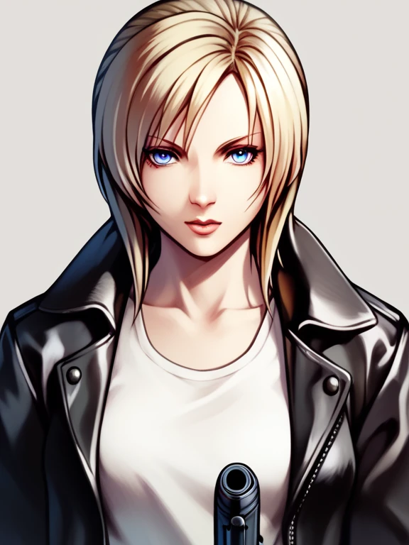 score_9, score_8_superior, score_7_superior, score_6_superior, score_5_superior, score_4_Parasite Eve, Aya Brea, blue eyes, white shirt under leather jacket, gun, M9, Beretta M92