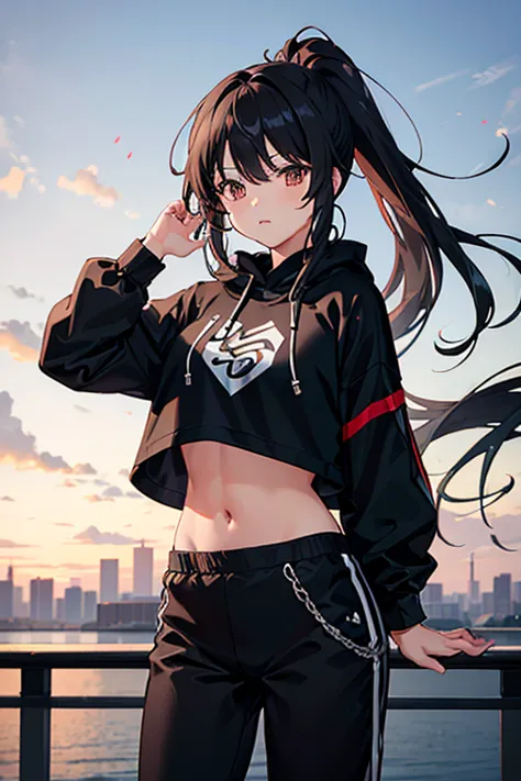 very good image, a cute beautiful anime tomboy girl, long black hair, hu tao , ponytail, white crop top hoodie, black training p...