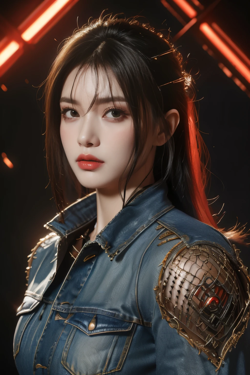 tmasterpiece,Best quality,A high resolution,8K,(Portrait photograph:1.5),(ROriginal photo),real photograph,digital photography,(Combination of cyberpunk and fantasy style),(Female soldier),20 year old girl,random hair style,By bangs,(Red eyeigchest, accessories,Redlip,(He frowned,Sneer),(Cyberpunk combined with fantasy style clothing,Openwork design,joint armor,police uniforms,Denim jacket,Red),exposing your navel,Photo pose,Realisticstyle,Thunder and lightning on rainy day,(Thunder magic),oc render reflection texture