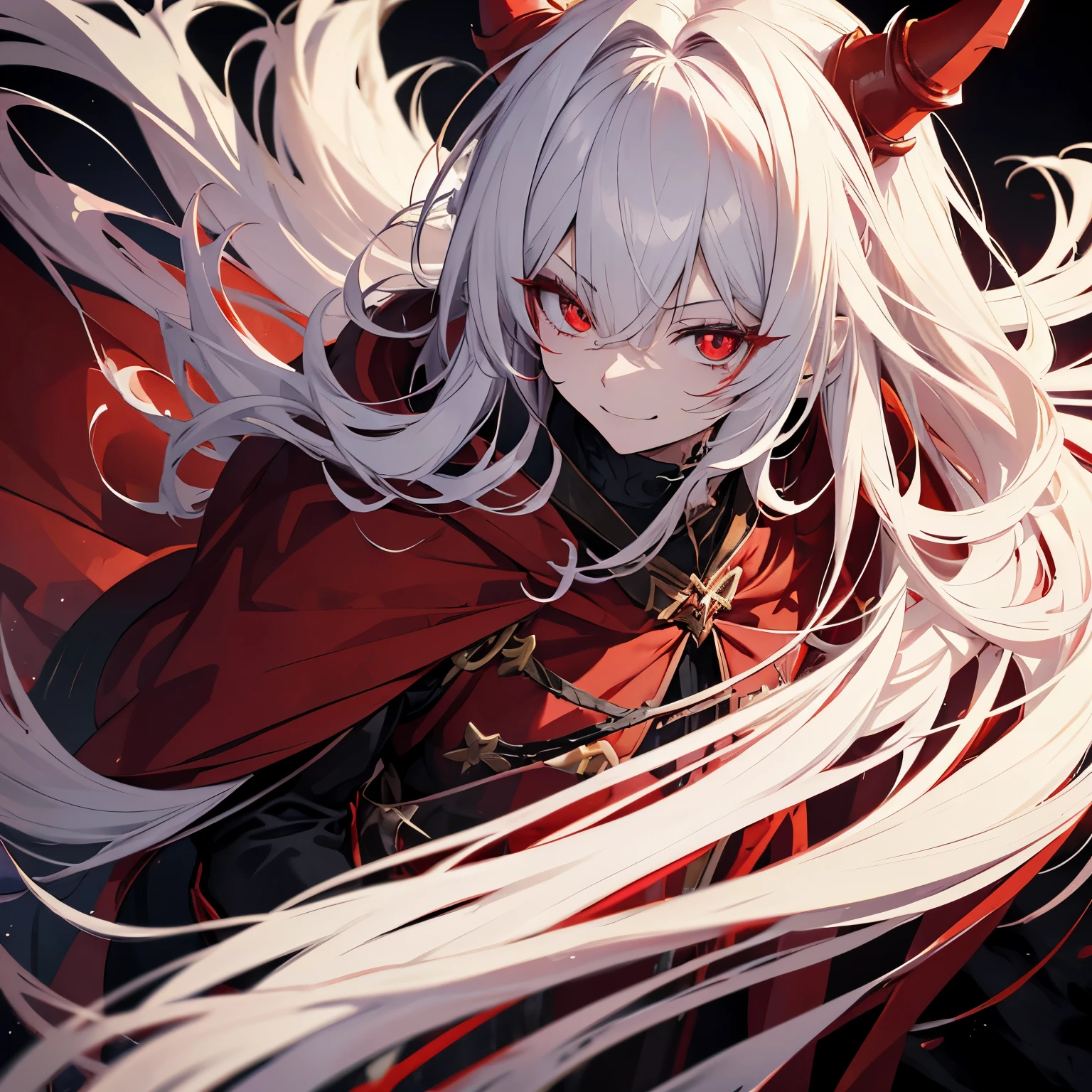 Cute little devil boy, anime style, Long white hair mixed with red strands, big very detailed crimson eyes, cute fangs, devil&#39;s horns, Crimson cloak with gold accents, Best results, very detailed, magnificent composition, 4k, portrait, realistic lighting, cute smile