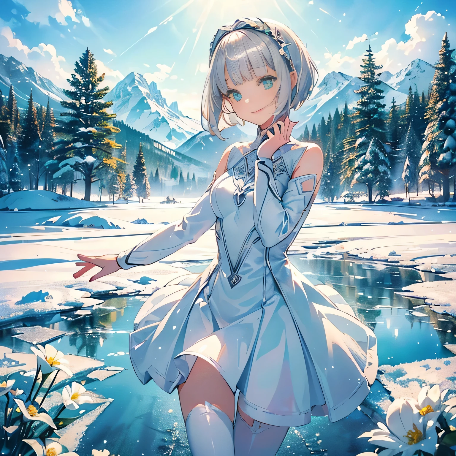 (White figure skate costume),((1girl,cute,young,pixie cut beautiful silver blonde hair,blunt bangs,beautiful green eyes)),(solo),((masterpiece, highest resolution,best quality)), (beautiful illustration),(White figure skate costume),
 (looking at the viewer), innocent smile,cinematic lighting,beautiful icy lake and mountains,flowers,trees,snow,blue sky