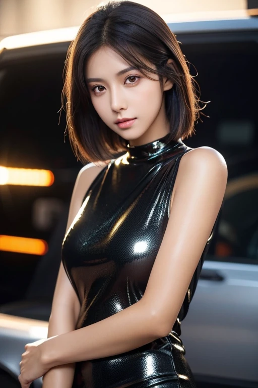 Ein süßes Mädchen mit gebräunter Haut, das wie ein K-Pop-Idol aussieht, Sexy Körper, Ihr Haar ist dunkelbraun und bobartig [in Schwarztönen], goldene Augen (glänzend), superrealistische Augen, sexy Kleid, Bewertung von Riot Games, Rundes Gesicht, realistische Beleuchtung, Radio-Stadt, schließen.