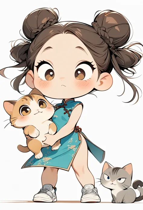 (masterpiece, best quality:1.2), cartoonish character design。1 girl holding a cat, alone，big eyes，Cute expression，Two hair buns，cheongsam，white sneakers，stand，interesting，interesting，clean lines