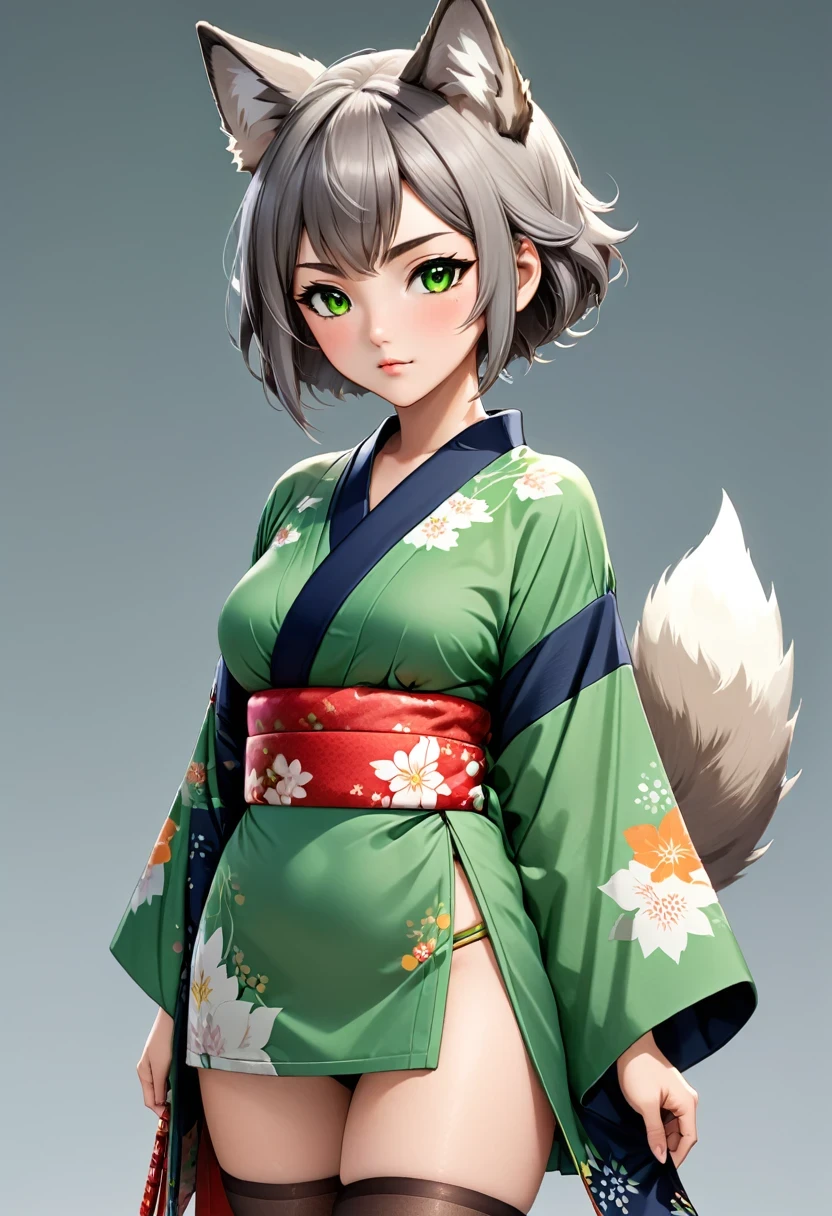 attractive figure marked by disproportionate features often emphasized in adult-oriented content. Her physical traits include short gray hair; green eyes; large breasts; light brown skin; animated wolf ears and tail showcasing emotion; tight genitalia; short kimono, thigh highs, full body portrait, no background, 22 years old, shy