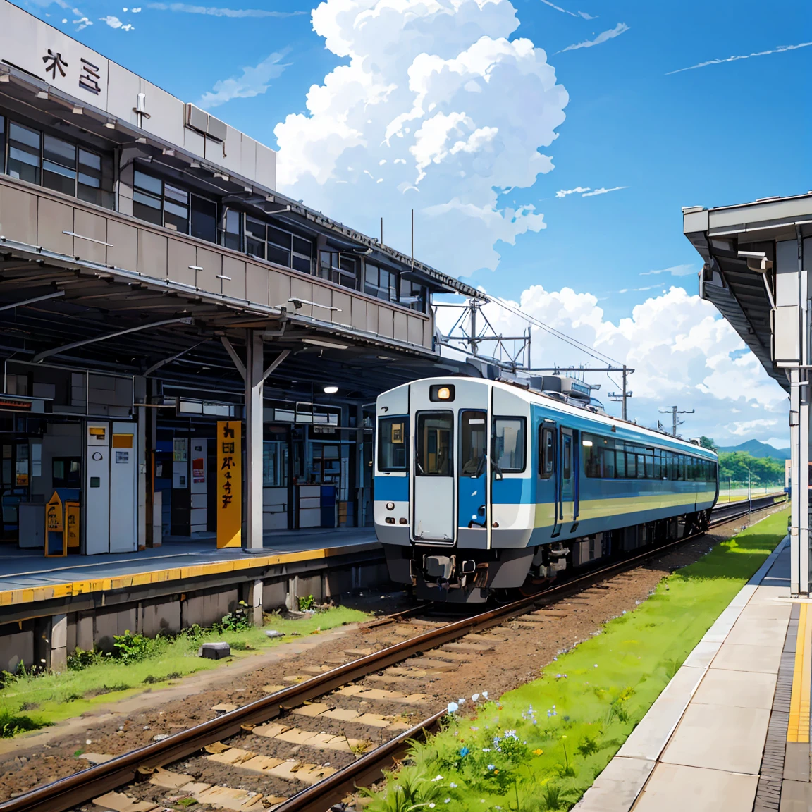 highest quality, beautiful vast plains, Lush, flower, earth, horizon, (Detailed modern station platform), cumulonimbus, Blue sky, Showers, eki platform