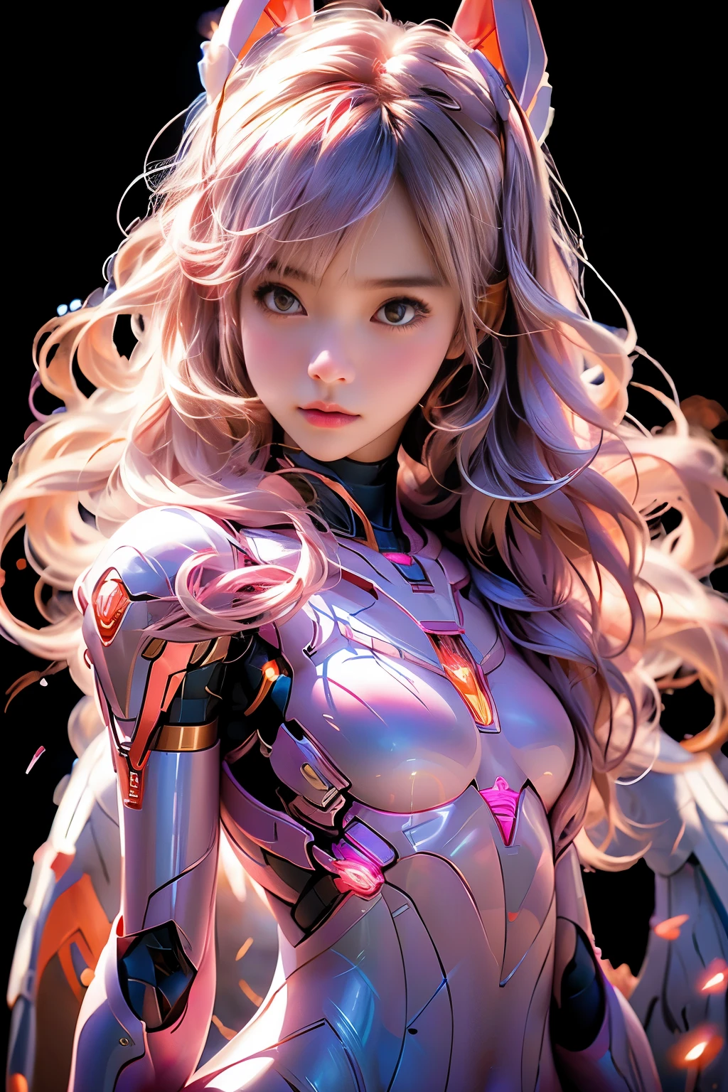 pink bunny mecha girl，mirai，Cool lighting, wings