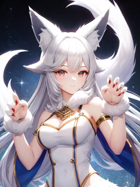 masterpiece,high quality,1 giri,(furry),fox ears,fur white,(claw pose),frontal face
