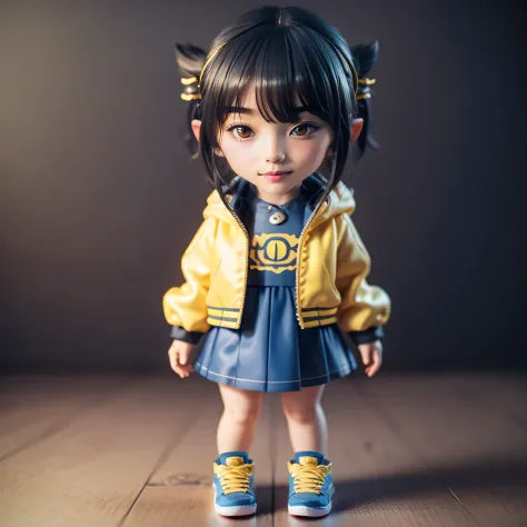 Blind box style girl full body, Chibi, Blue and yellow super detailed hair shades, 3D, c4dblender, OC renderer, ultra hd, 3D ren...