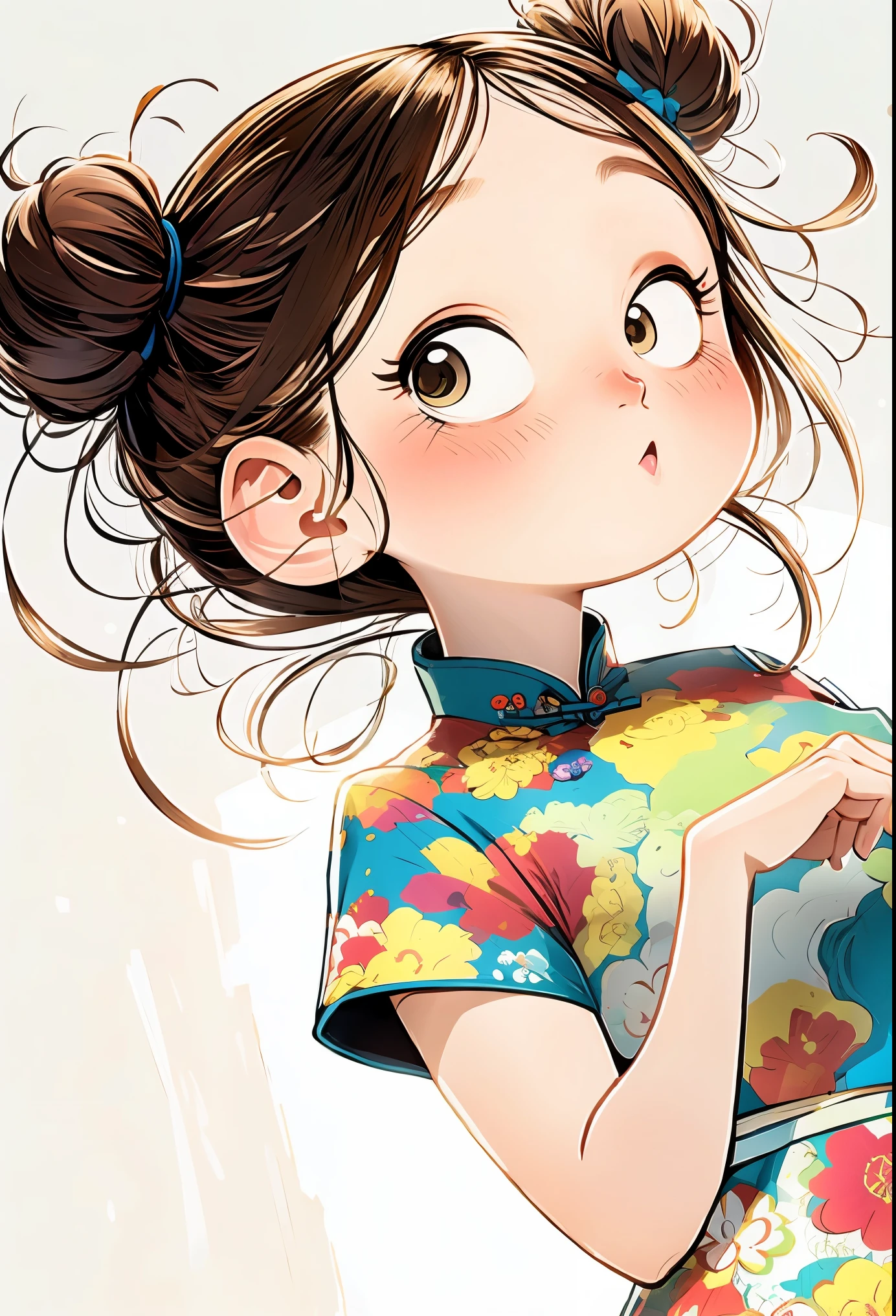 (masterpiece, best quality:1.2), watercolor painting，cartoonish character design。1 girl, alone，big eyes，Cute expression，Two little braids，cheongsam，portrait，interesting，interesting，clean lines，Leave blank，
