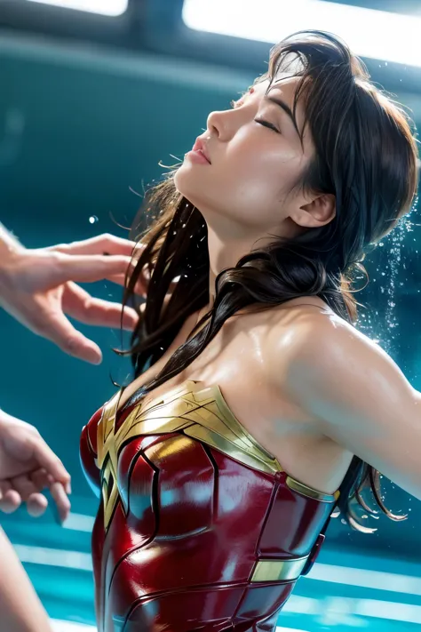 perfect wonder woman costume,turn away,back view,Being submerged in a pool,Drowning in the pool,Face submerged in water,dive underwater,Submerge your face in water,inside the pool,Inside the fountain,Soaked in water,Soaking wet wonder woman,sleeping face,C...