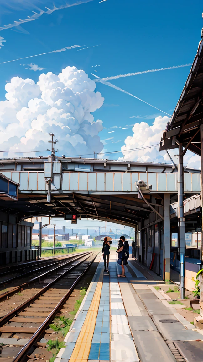 highest quality, beautiful vast plains, Lush, flower, earth, horizon, (Detailed modern station platform with a girl), cumulonimbus, Blue sky, Showers, eki platform, shinkai makoto