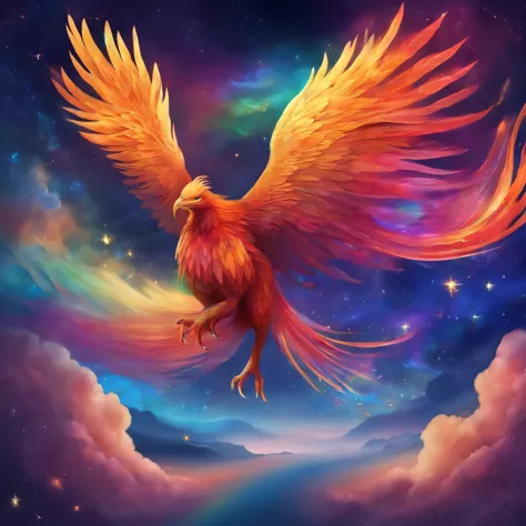 Proud Bright phoenix, flying through deep space with stars and planets in the background highly detailed, wings fully spread out, long tail feathers, perfectly formed feet and claws, realistic detail, UHD, 4k, dream like, surreal,Rainbow-colored