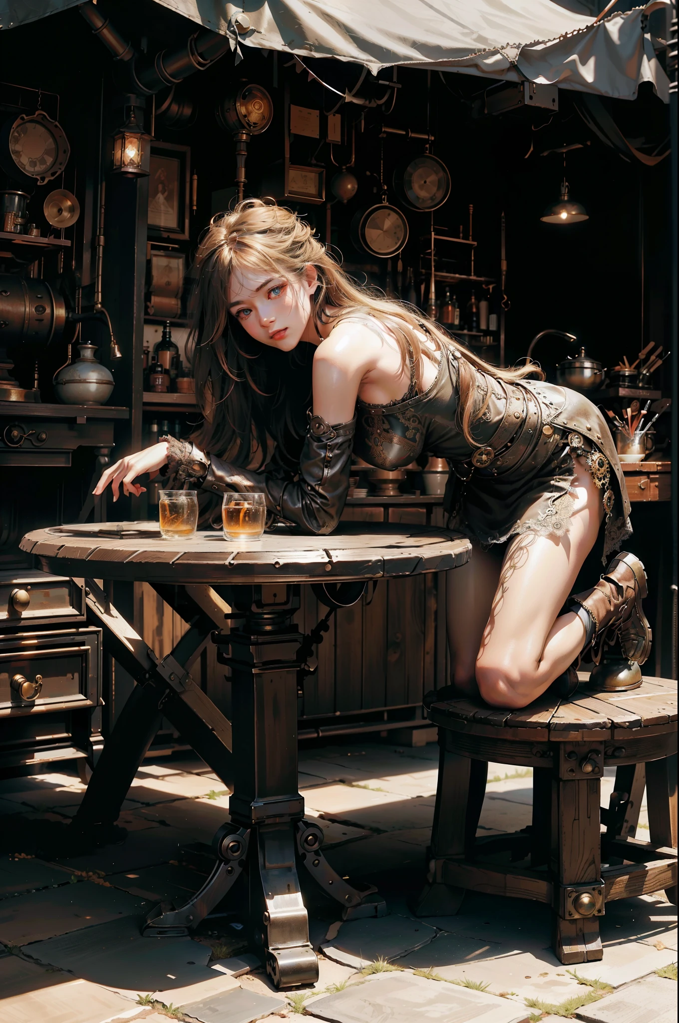 steampunk, BDSM、((table top)), (最high quality), nffsw, retina, Accurate,Long lace-up boots up to the knee、 ((anatomically correct)), rough skin, Super detailed, advanced details, high quality, award-winning, 最high quality, High resolution, 8K, cast a shadow, anaglyph, stereogram, atmospheric perspective, surrealism, Depth of the bounds written, reflected light, Backlight, outside the border, move the chart, outside the frame, dutch angle, dutch angle, cowboy shot, 8K, Super detailed, Accurate, one girl, Beautiful long blonde with bangs, , long eyelashes, solid circle eye, ((very shiny skin)), (Juicy skin), Very shiny clothes, outside the house, Complex mechanical devices, Machine Wall, Gigantic Cogwheel, Countless gears, There are lots of pipes, Steam eruptions, spark of light, Many instruments,action pose, Place your left hand on your hip、Raise your right arm, spread your arms out to the sides, spread your legs,