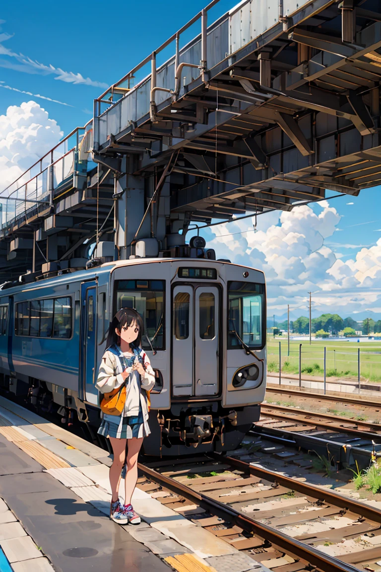 mais alta qualidade, belas vastas planícies, exuberante, flor, terra, horizon, (Plataforma de estação moderna detalhada com uma garota), Cumulonimbus, céu azul, chuveiros, plataforma de fixação, Shinkai Makoto