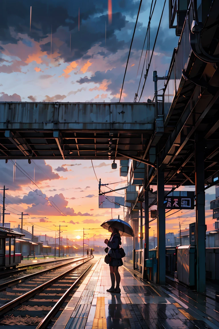 highest quality, beautiful vast plains, Lush, flower, earth, horizon, (Detailed modern station platform with a girl), cumulonimbus, Sunset, sudden rain, eki platform, shinkai makoto