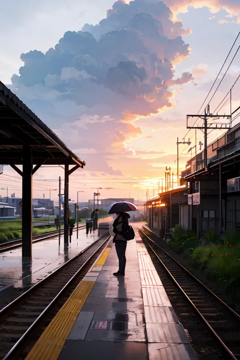 highest quality, beautiful vast plains, Lush, flower, earth, horizon, (A girl on the platform of a hidden station), cumulonimbus...