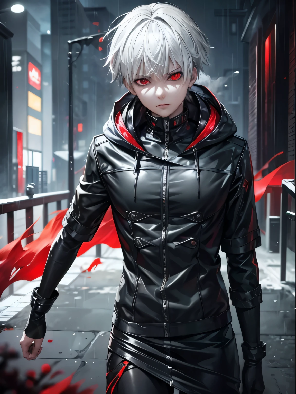 A female character, Kaneki Ken, hoodie, dripping rain, red and black color palette, detailed eyes and face, red eyes, silver hair, menacing aura, dark ambiance, mysterious atmosphere, intense expression,  setting, smoke and shadows, haunting presence, stylish and edgy, ray tracing, perfect blend of light and darkness, intense gaze, captivating presence, sleek and sharp, contrast of red and black, intense emotions, supernatural powers suggested, rain-soaked streets, an air of danger, enigmatic persona,  gothic aesthetic, stormy weather, captivating and alluring, a touch of blood red, smoky streets, brooding protagonist, stormy skies