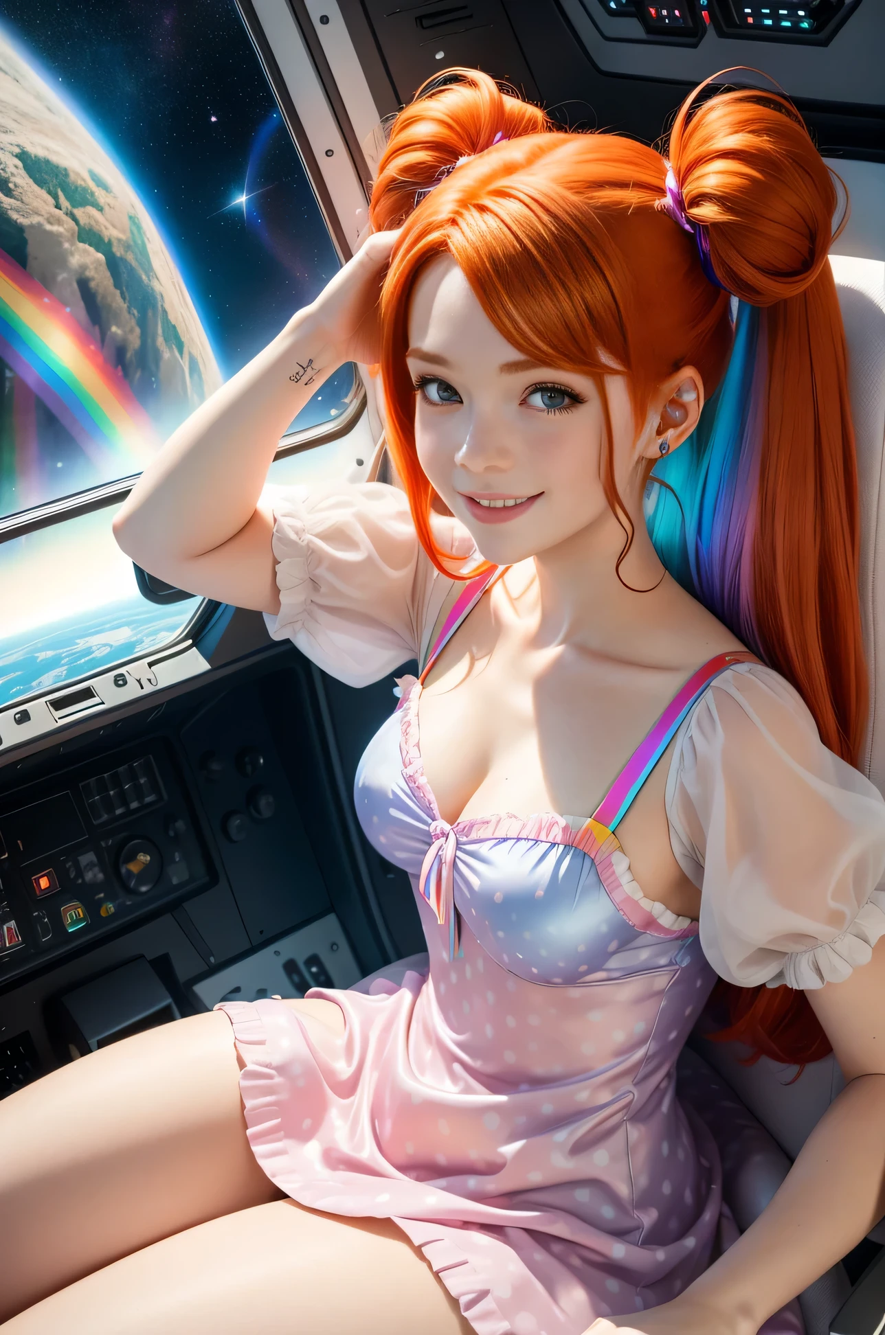 Best Quality, Masterpiece, 8k, RAW (overhead view) ((Cute redhead with rainbow colored hair tips:1.2)), ribbons in her hair, 18-year-old woman, happy, excited expression, smiling, in twin tails, perfect eyes, clear sparkling blue eyes, pale skin, silky smooth skin, porcelain white skin, flying a fancy metal luxurious space ship, futuristic cockpit, she's a pilot laying in her pilot chair, outer space seen in windows, deep space, stars, galaxies, dark warm lighting, wearing a futuristic dress, pleated (chemise) mini dress (pastel rainbow colors, and polka dots), puffy sleeves, silk, wearing pantyhose.