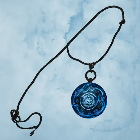 A fantasy painting of a round obsidian amulet with glowing blue engraved runes, leather cord, swirling magical energy, dark forest background, highly detailed