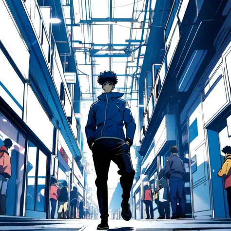 (best quality: 1.5, masterpiece, minimalist, lineart: 1.5, anime), solo: 2, 1 boy, 1 teenager,walking through a pedestrian,crowd...