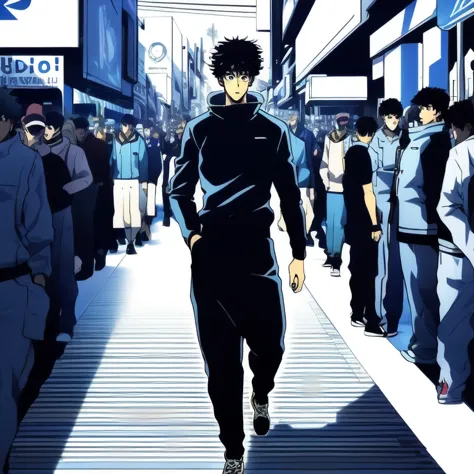 (best quality: 1.5, masterpiece, minimalist, lineart: 1.5, anime), solo: 2, 1 boy, 1 teenager,walking through a pedestrian,crowd...