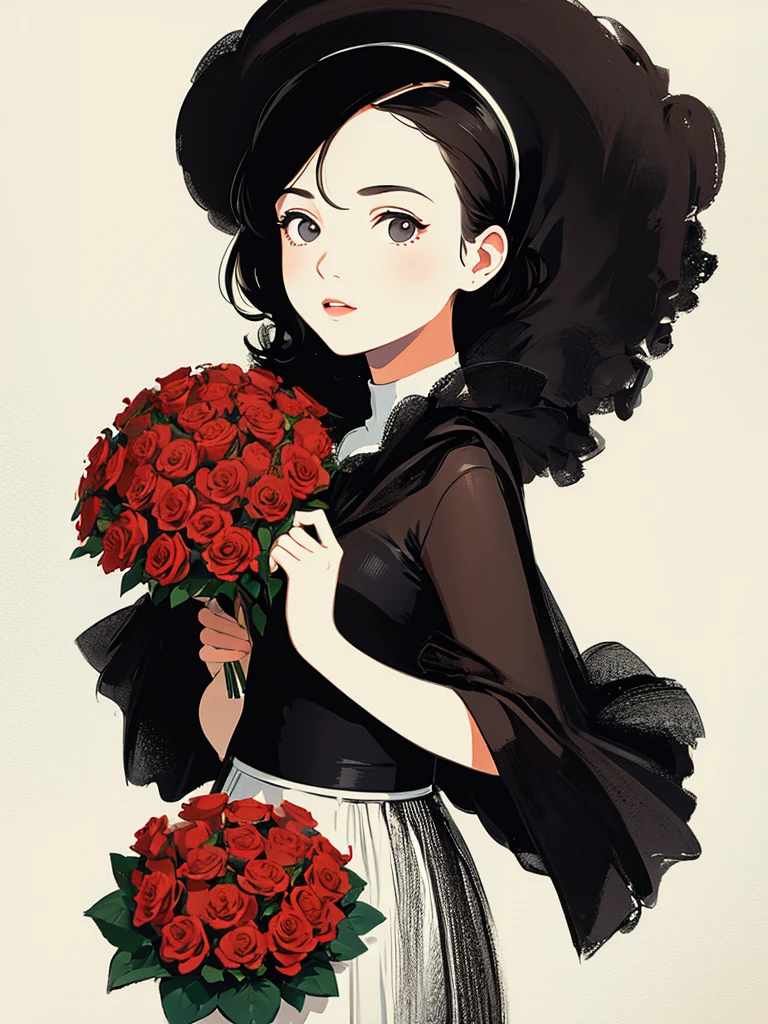 Une fille portant un gros bouquet de roses, dans le style du minimalisme figuratif, palette de couleurs chaudes, utilitaire, formes et lignes organiques, illustration, Design danois, face à l&#39;avant, fond blanc, illustrations plates