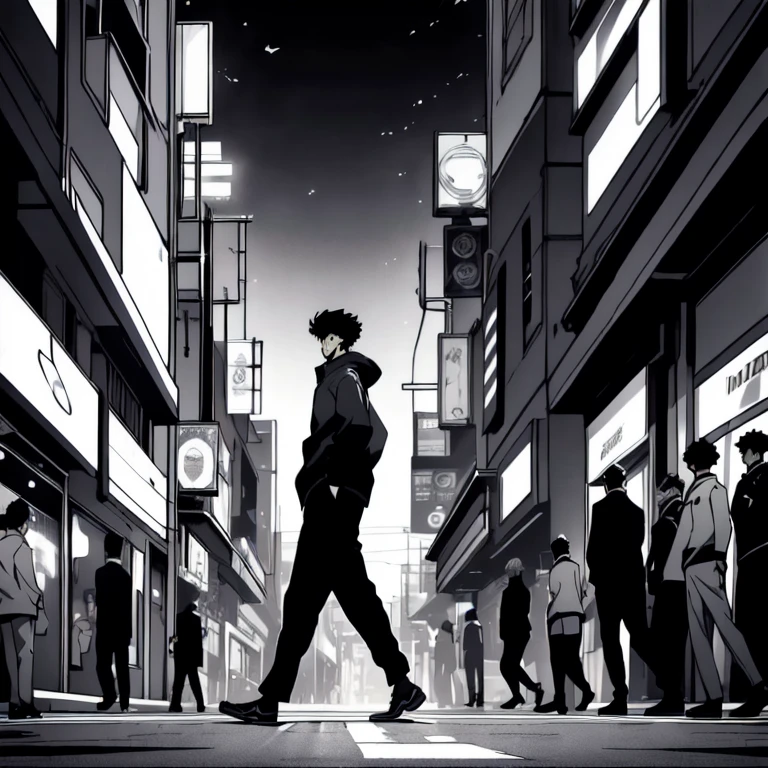 (best quality: 1.5, masterpiece, minimalist, grey scale, anime), solo: 2, 1 boy, 1 teenager,walking through a pedestrian,crowded, full-body, lineart, itadori yuji, side view, traffic light,