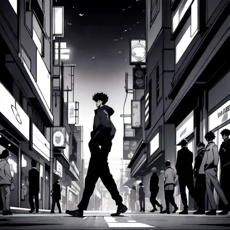 (best quality: 1.5, masterpiece, minimalist, grey scale, anime), solo: 2, 1 boy, 1 teenager,walking through a pedestrian,crowded...